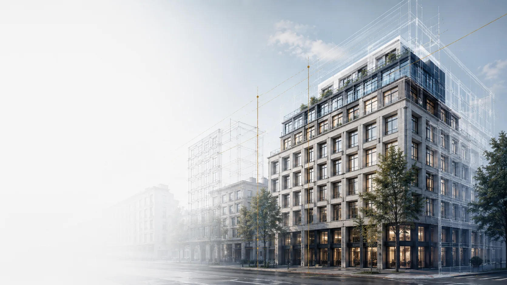 Bestandsgebäude mit Szenarien und Planungsunterlagen